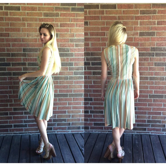 vintage 60s GREEN ORANGE diagonal striped Mod DRESS Small full skirt indie retro - Picture 10 of 10
